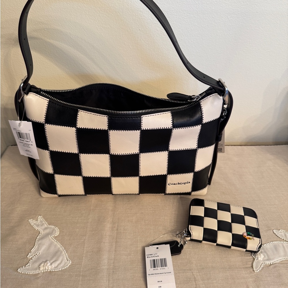 Coachtopia Black and White Checker Shoulder Bag with Matching Coin Case NWT